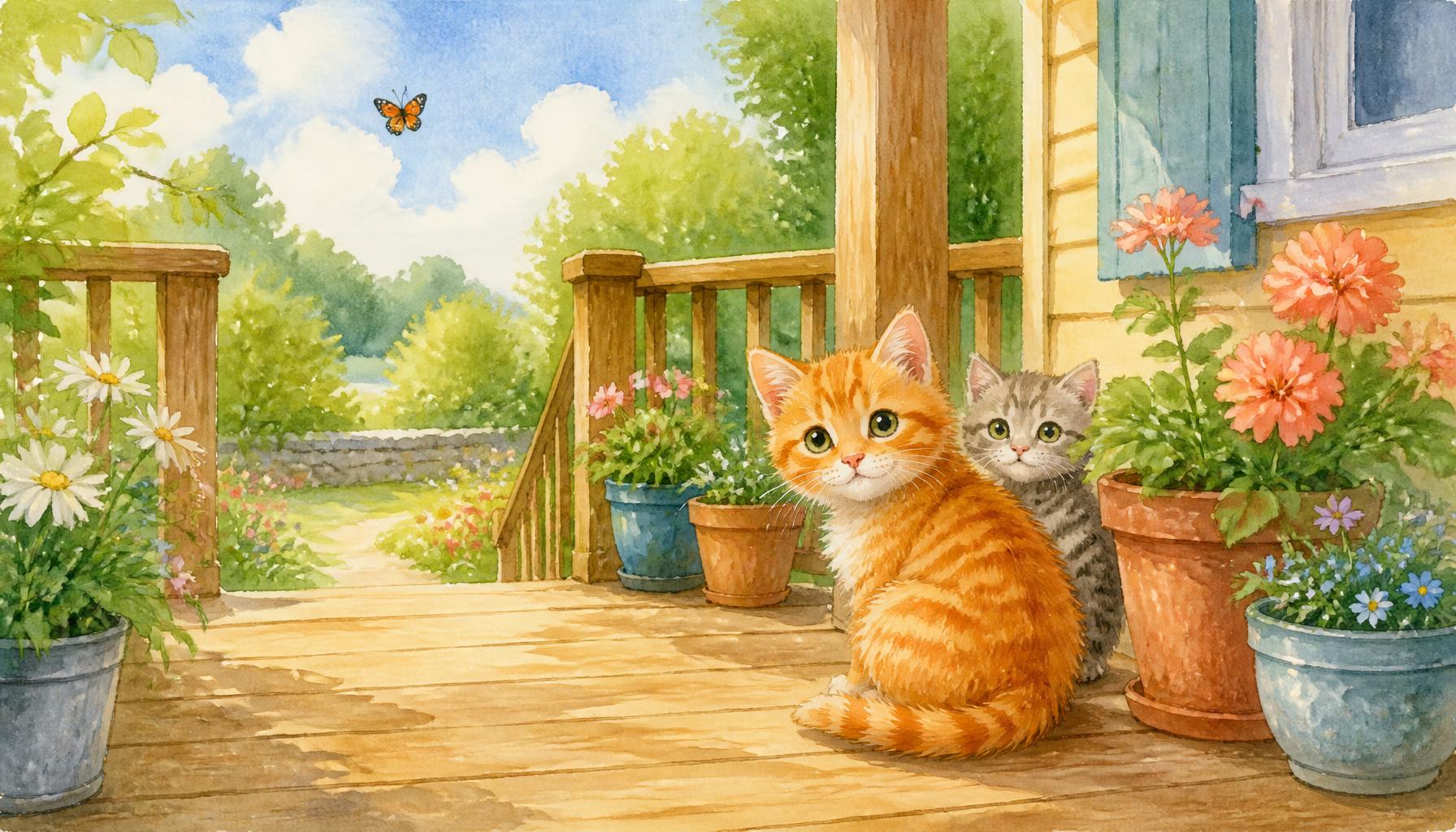 Watercolor storybook scene of an orange tabby kitten and a gray kitten on a sunny porch with flowers and a butterfly