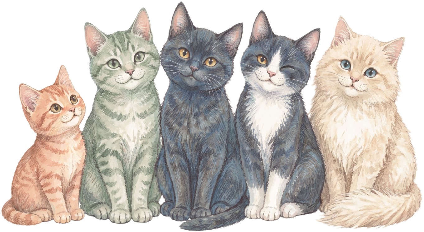 Watercolor illustration of Tammy's five cats — Stanley, Sharpie, Hawk, Alex and Shaw — sitting together